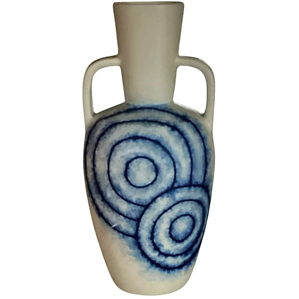 Thailand Natural & Blue Double Handled Artesian Pottery Vase Aztec Design New